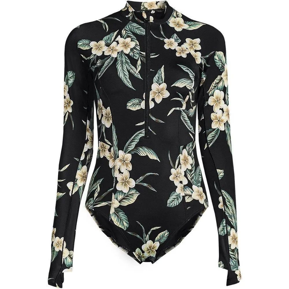 Land's End Plus Size Long Sleeve One Piece Zip Front Black Plumeria Floral Var